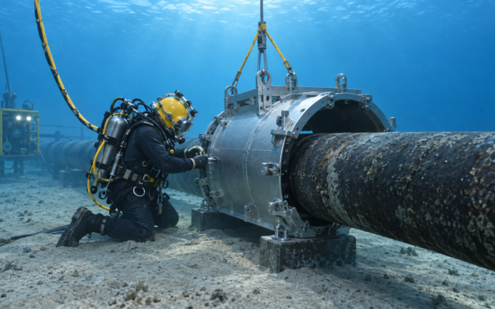 Buzo técnico trabaja junto a un ducto marino durante una operación de reparación submarina