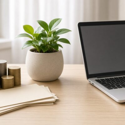 Monedas y billetes genéricos sin marcas junto a una planta y una laptop en un escritorio