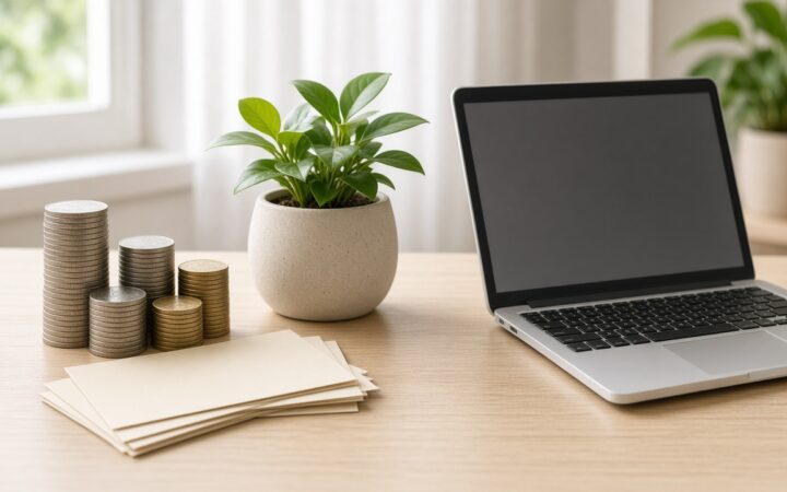 Monedas y billetes genéricos sin marcas junto a una planta y una laptop en un escritorio
