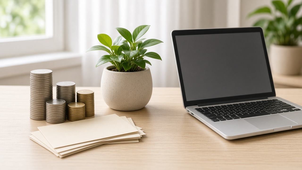 Monedas y billetes genéricos sin marcas junto a una planta y una laptop en un escritorio