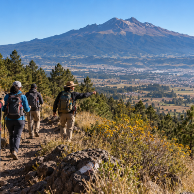 Excursionistas recorren un sendero de montaña cerca de Huamantla con una guía local