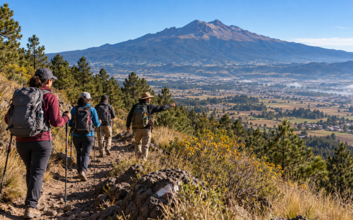 Excursionistas recorren un sendero de montaña cerca de Huamantla con una guía local