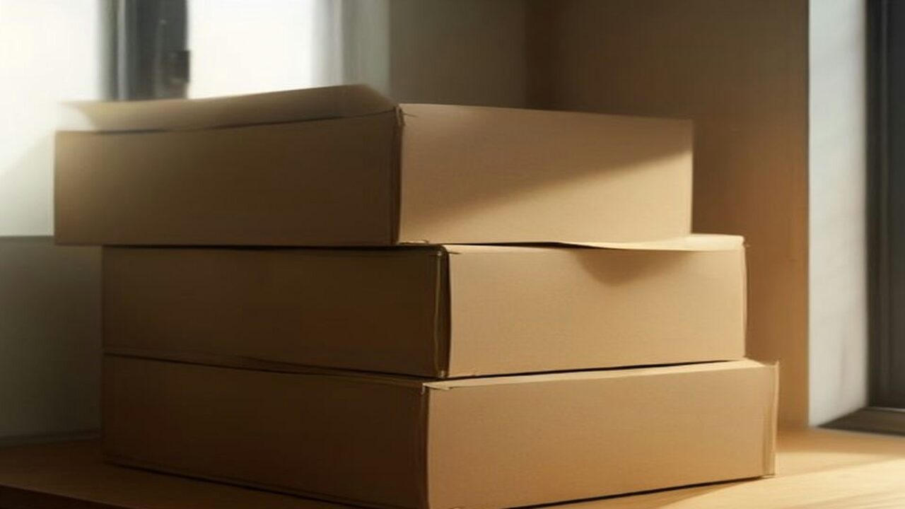 Tres cajas de cartón lisas apiladas sobre una repisa de madera junto a una ventana con luz cálida