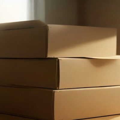Tres cajas de cartón lisas apiladas sobre una repisa de madera junto a una ventana con luz cálida