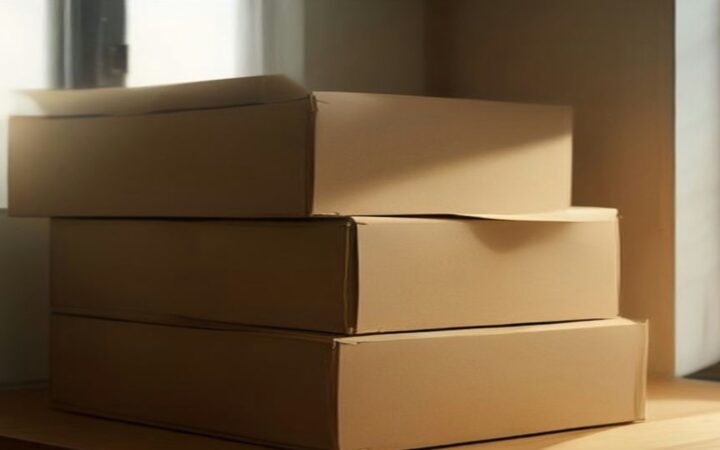 Tres cajas de cartón lisas apiladas sobre una repisa de madera junto a una ventana con luz cálida
