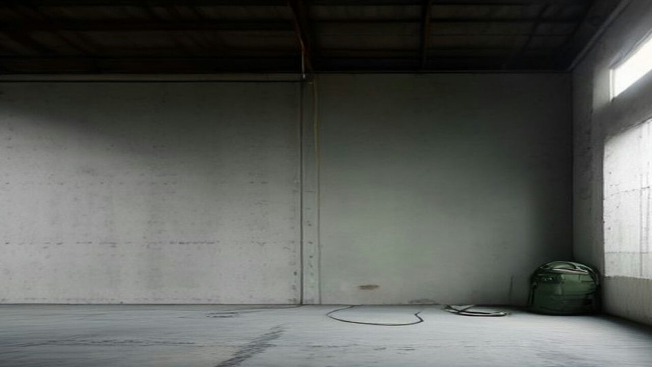 Bodega de concreto vacía iluminada por una ventana lateral, con una mochila verde y una cuerda en el piso