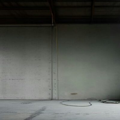 Bodega de concreto vacía iluminada por una ventana lateral, con una mochila verde y una cuerda en el piso