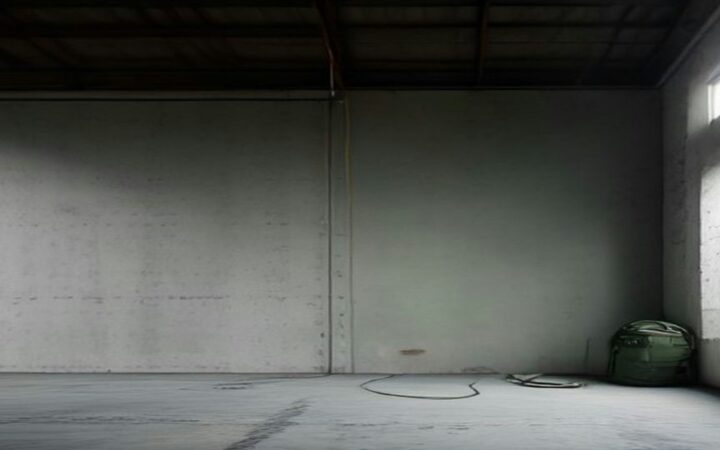 Bodega de concreto vacía iluminada por una ventana lateral, con una mochila verde y una cuerda en el piso