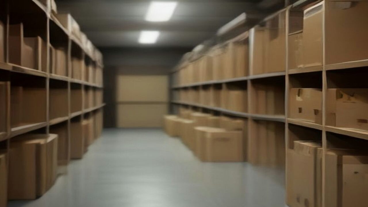 Estantes metálicos con cajas de cartón de archivo sin etiquetas en una bodega iluminada