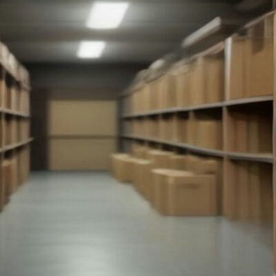 Estantes metálicos con cajas de cartón de archivo sin etiquetas en una bodega iluminada