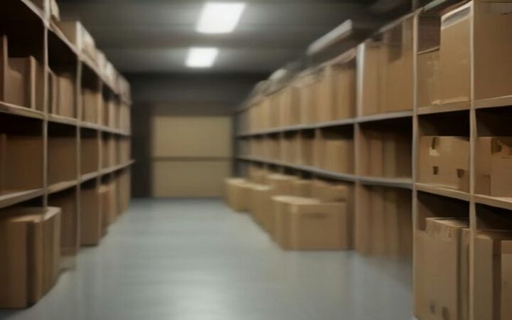 Estantes metálicos con cajas de cartón de archivo sin etiquetas en una bodega iluminada