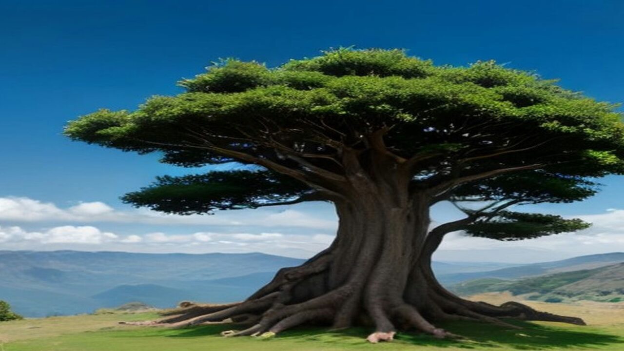 Árbol de drago de copa amplia sobre una ladera verde bajo un cielo azul con nubes