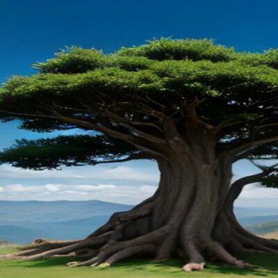 Árbol de drago de copa amplia sobre una ladera verde bajo un cielo azul con nubes