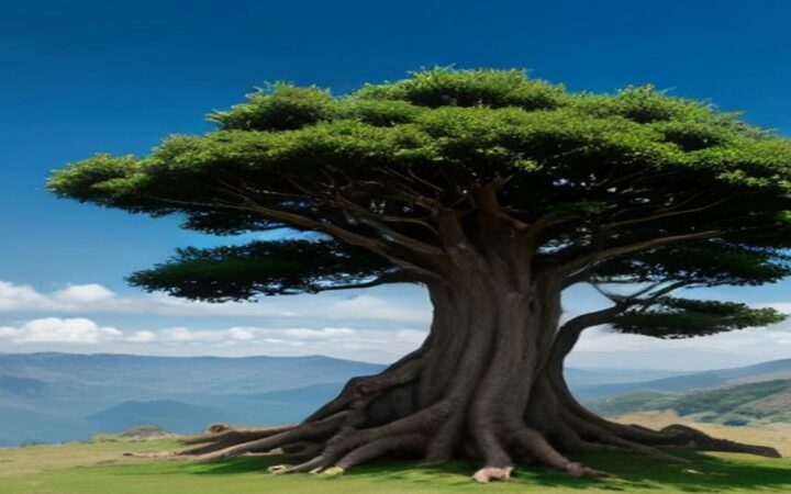 Árbol de drago de copa amplia sobre una ladera verde bajo un cielo azul con nubes