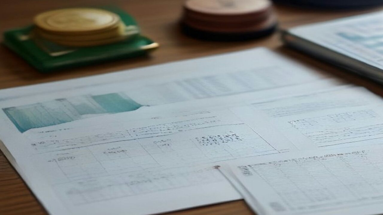 Calculadora, hojas impresas con gráficas de barras y monedas sobre un escritorio de oficina