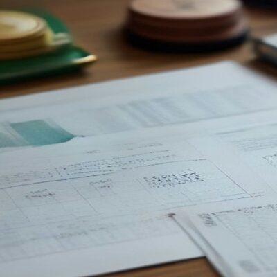 Calculadora, hojas impresas con gráficas de barras y monedas sobre un escritorio de oficina