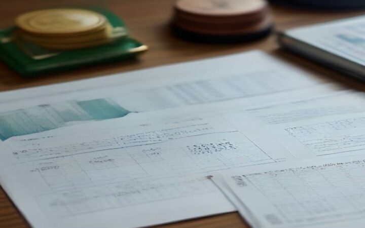 Calculadora, hojas impresas con gráficas de barras y monedas sobre un escritorio de oficina