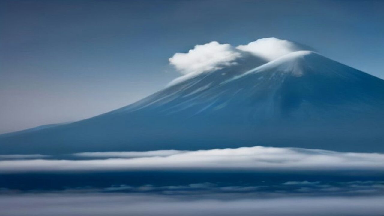Volcán con cumbre nevada rodeado de nubes y niebla bajo un cielo azul frío al amanecer