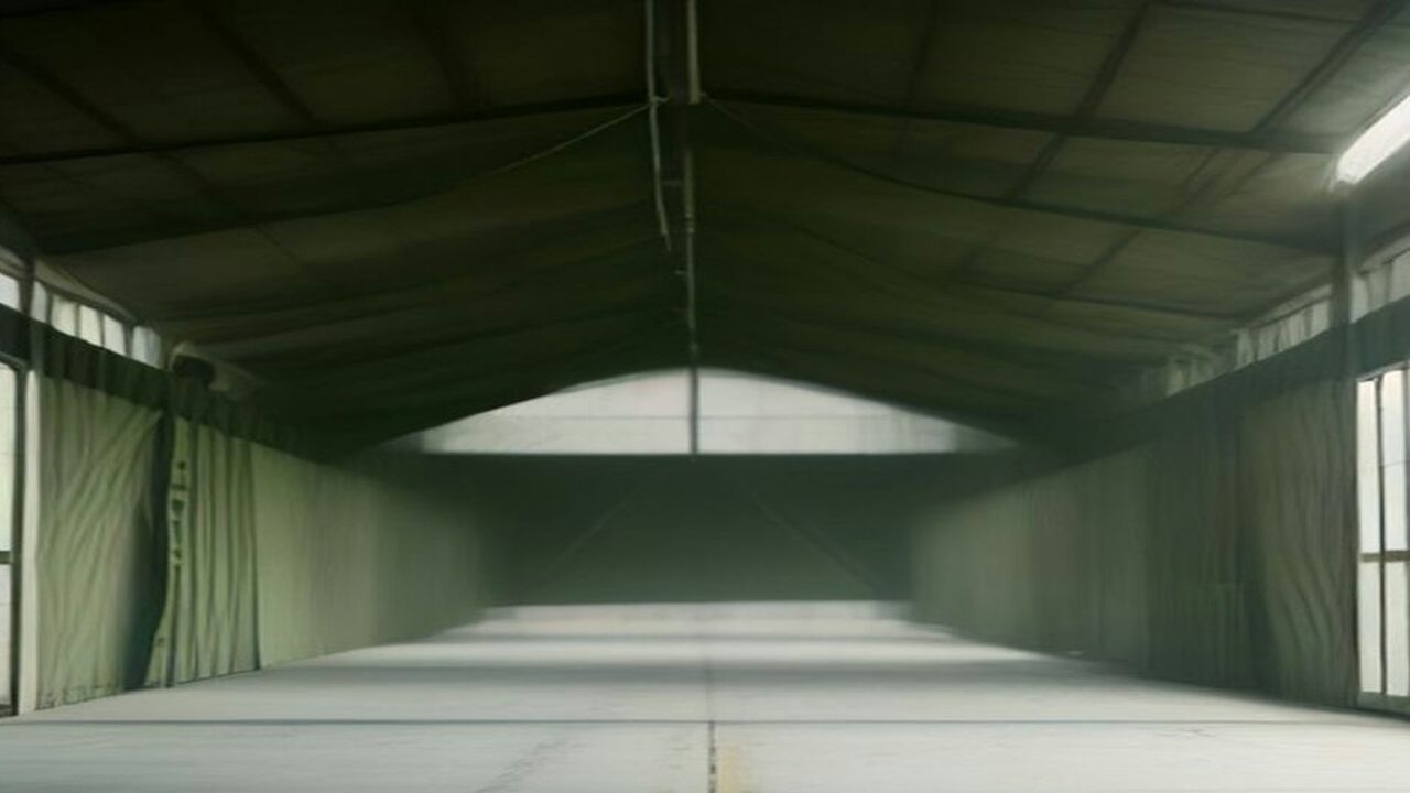 Hangar amplio y vacío con techo de lámina y paredes verdes iluminado por ventanales laterales