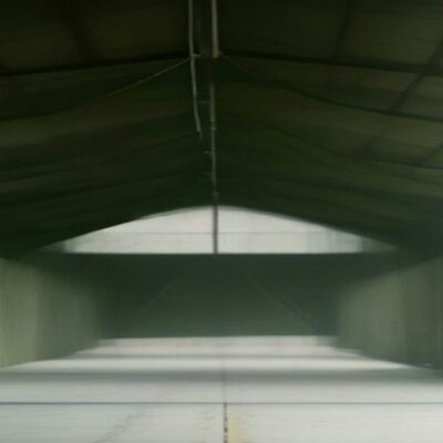 Hangar amplio y vacío con techo de lámina y paredes verdes iluminado por ventanales laterales