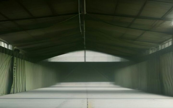 Hangar amplio y vacío con techo de lámina y paredes verdes iluminado por ventanales laterales