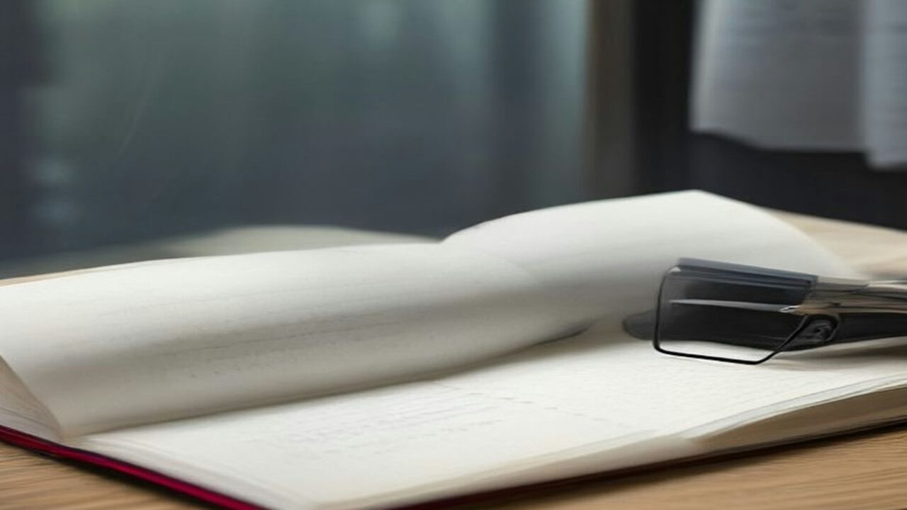 Cuaderno abierto con hojas en blanco y unos anteojos sobre una mesa de madera junto a una ventana con luz suave