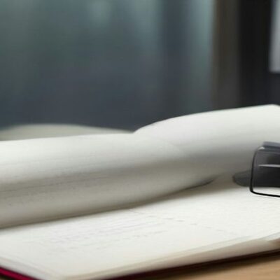 Cuaderno abierto con hojas en blanco y unos anteojos sobre una mesa de madera junto a una ventana con luz suave