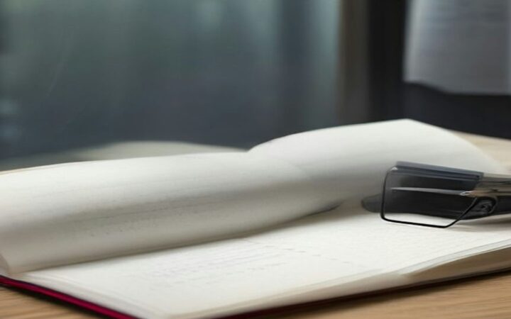 Cuaderno abierto con hojas en blanco y unos anteojos sobre una mesa de madera junto a una ventana con luz suave