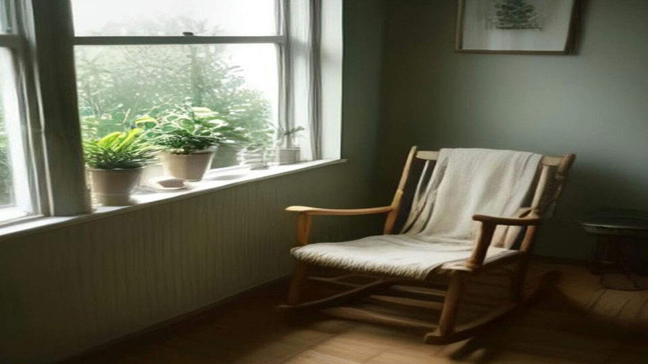 Mecedora de madera con una cobija clara junto a una ventana con plantas