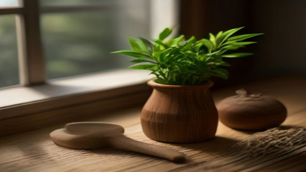 Planta en una maceta de barro junto a una cuchara de madera y hierbas secas sobre una mesa rústica cerca de una ventana