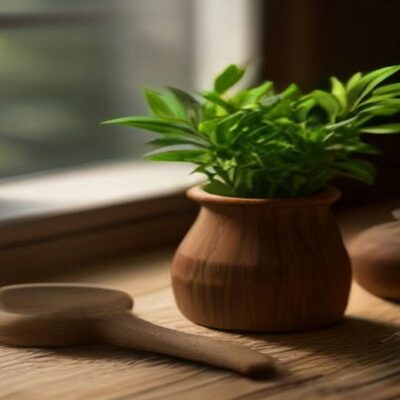 Planta en una maceta de barro junto a una cuchara de madera y hierbas secas sobre una mesa rústica cerca de una ventana
