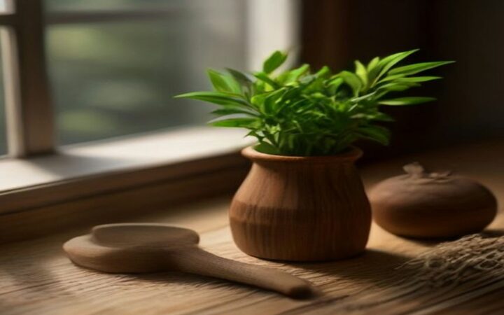 Planta en una maceta de barro junto a una cuchara de madera y hierbas secas sobre una mesa rústica cerca de una ventana